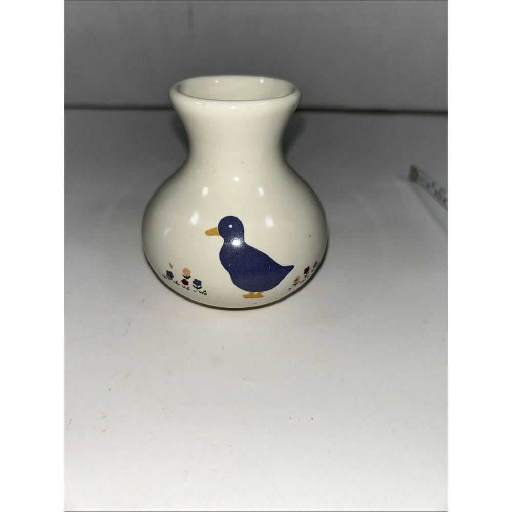 Small 3 1/4 Cream Vase Toothpick‎ Holder With Blue Duck Flowers